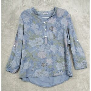 Angela Mara Blouse Womens Small Floral Popover Chambray Boho Hi Low Blue Italy